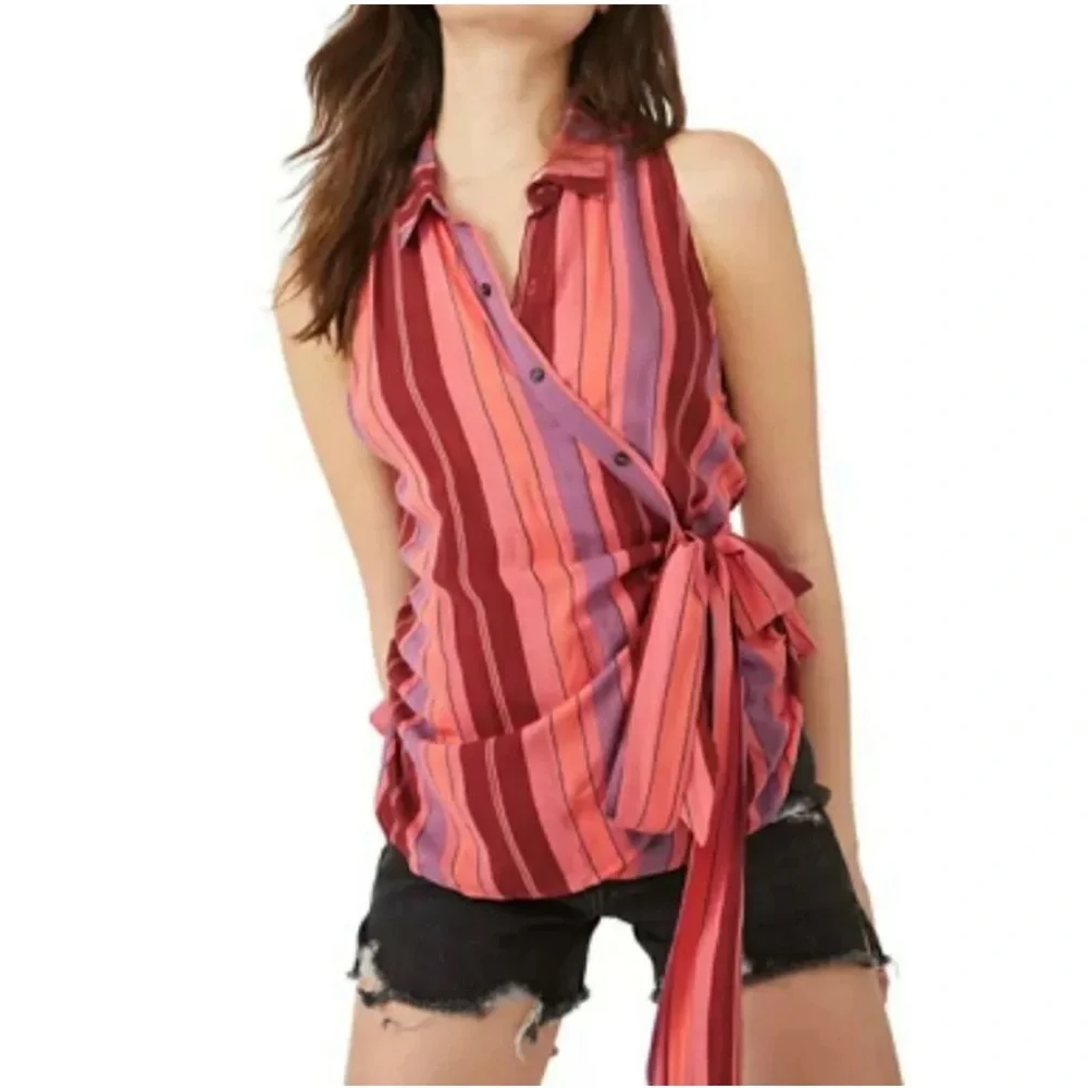 Free People Mackenzie Striped Sleeveless Tie Wrap Multicolor Top Shirt medium